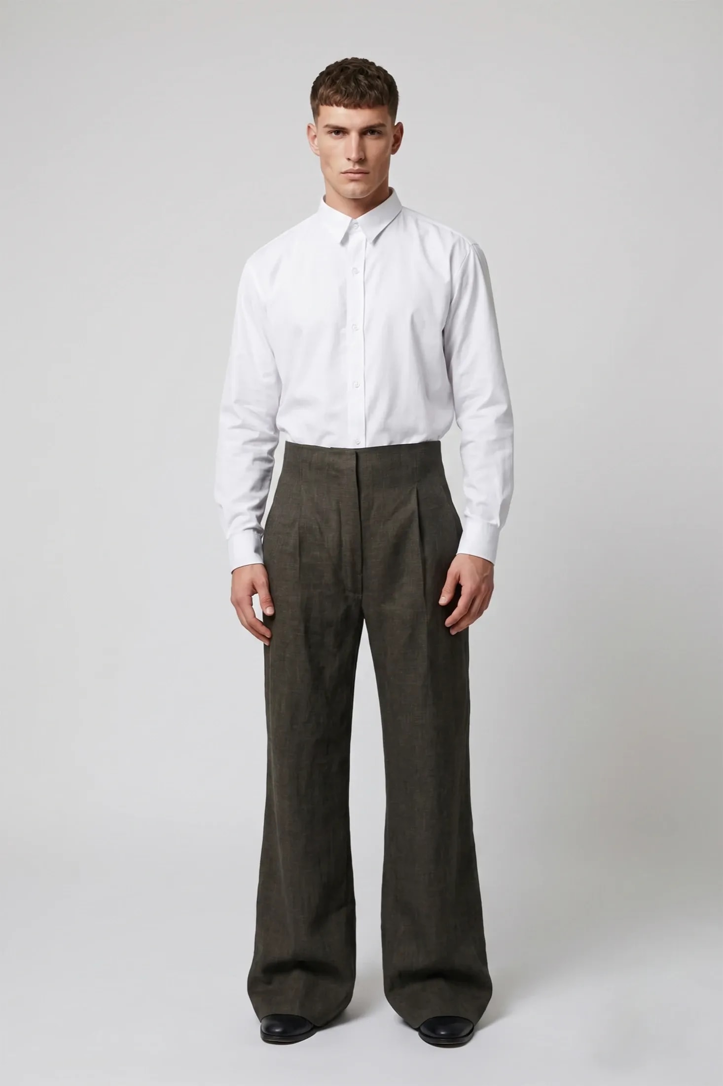 Pantalón Sastrero Cintura Alta en Lino Italiano Verde Alga